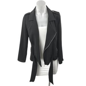 Zara Women's Black Asymmetric Zip Belted Collar Long Sleeve Moto Coat Jacket XS